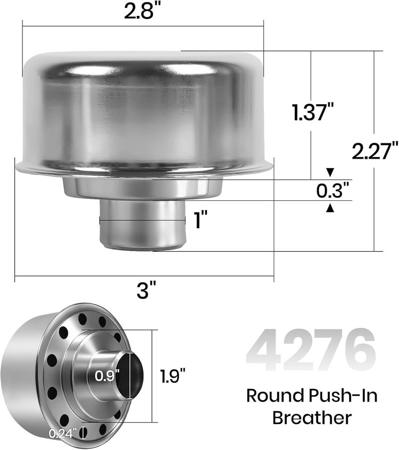 Calvana (2-Pack) Round Push-In Breather with 1” Tube for 1-1/4" Hole in Valve Cover, Includes Grommet, Compatible with Spectre 4276, Fits SBC, BBC, SBF, 327, 350, 302, 454, and 502 - Image 2
